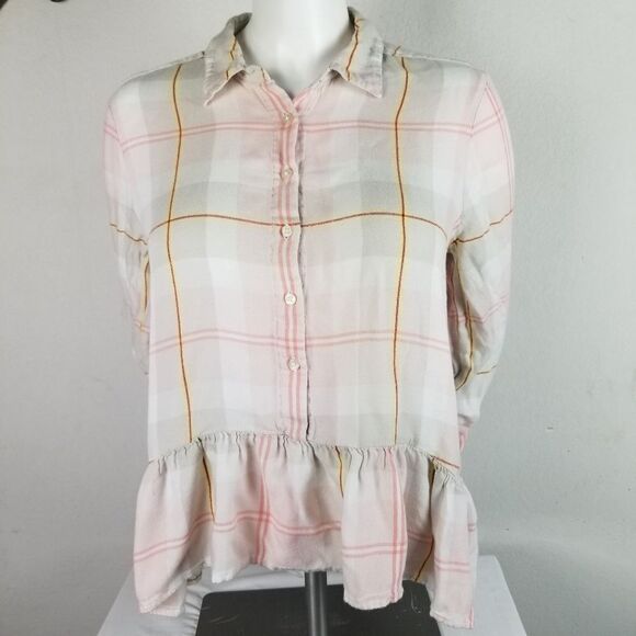 Express Pastel Plaid Peplum Button Front Top‎ Size M - Picture 1 of 8
